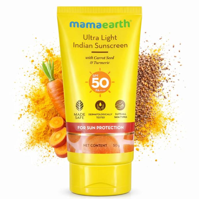 Mamaearth Ultra Light Indian Sunscreen with Carrot Seed  Turmeric  SPF 50 PA   UVA  UVB Protection  Tan Protection  No White Cast  NonGreasy  Quick Absorbing  Super Lightweight  Suits All Skin Types 50 gm packof 1
