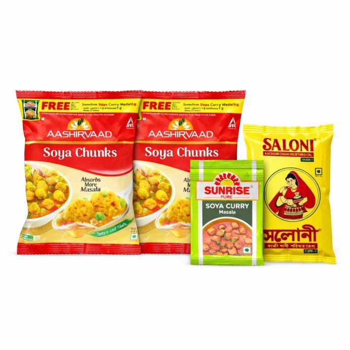 Saloni mustard oil 1L, Aashirbad soya chunks 40 gm pack of 2, with sunshine soya curry masala free