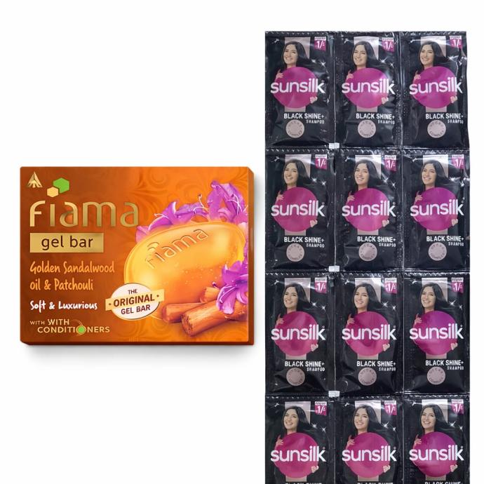 Fiama sandalwood gel bar soap 75 gm, sunsilk black shine shampoo 16 pcs