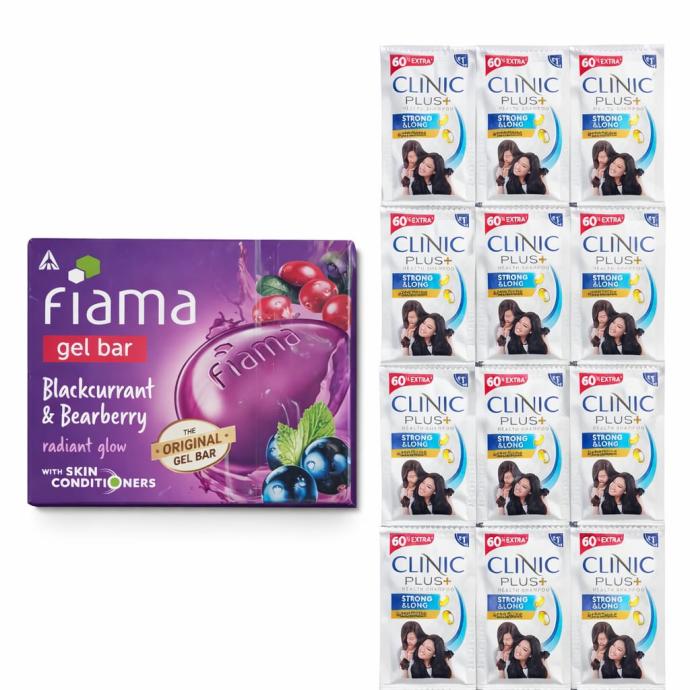Fiama  blackurrant and bearberry skin conditioner soap 75 gm , clinic plus shampoo 16 pcs  pack of 2