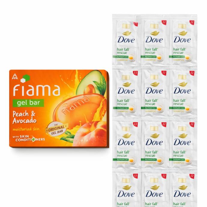 Fiama peach and avocado skin conditioner soap 75 gm pack of 1  with dove hair fall rescue shampoo 12 pcs