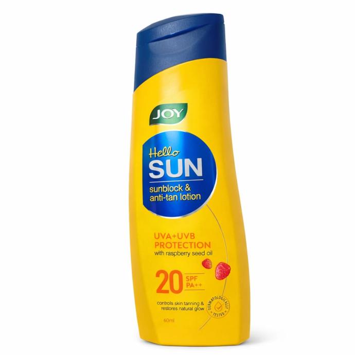Joy Hello Sun Body Sunscreen Lotion SPF20 PA 300ml  UVA  UVB Protection  Tan Control and restores Glow  Lightweight, Fast Absorbing  Zero White Cast  For Normal to Oily Skin