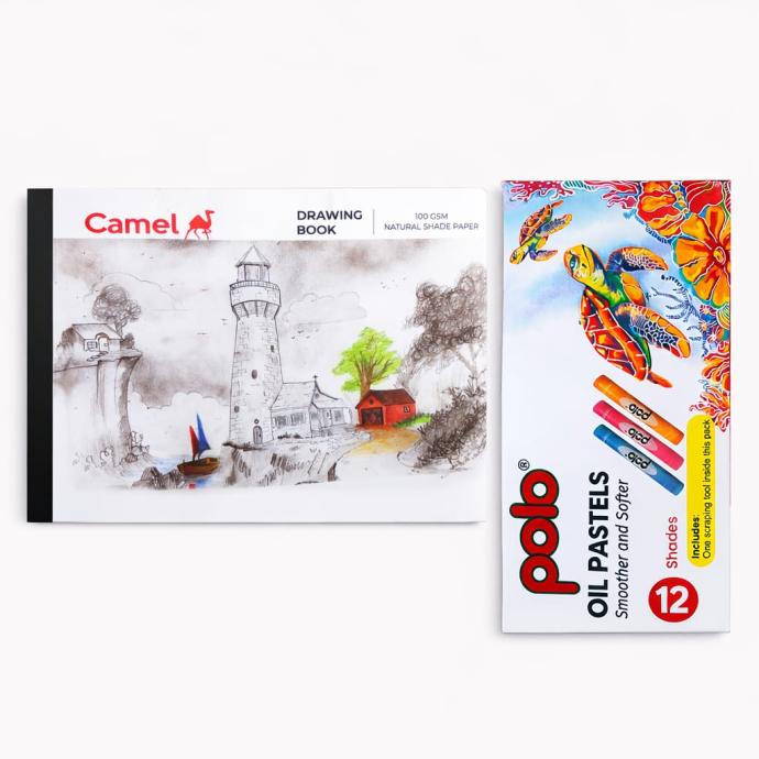 Camel drawing book with polo oil pastels 12 shades