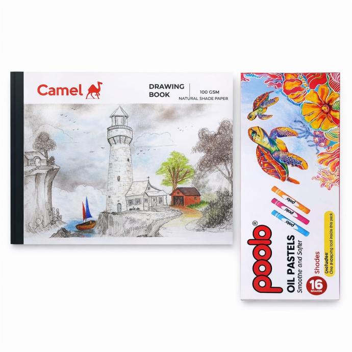 Camel drawing book with polo oil pastels 16 shades 1 box