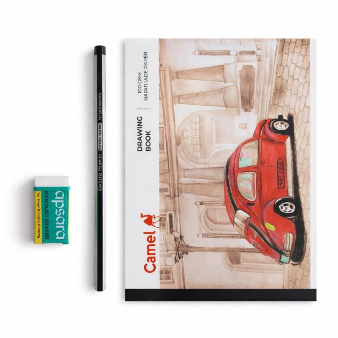 Camel drawing book with apsara pencil and apsara eraser each pack 1
