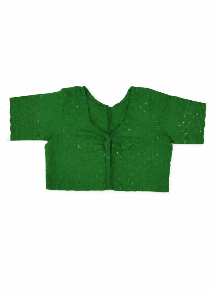 Trending cotton embroidered round neck women green blouse