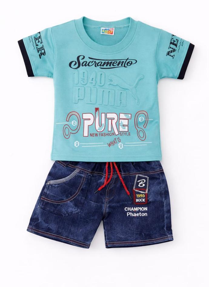 Fancy kids cotton t shirt and denim jeans shorts set for boys