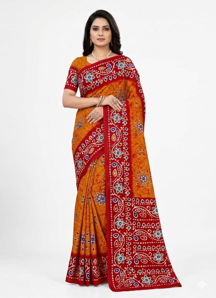 Orange and red batik print  cotton saree for women