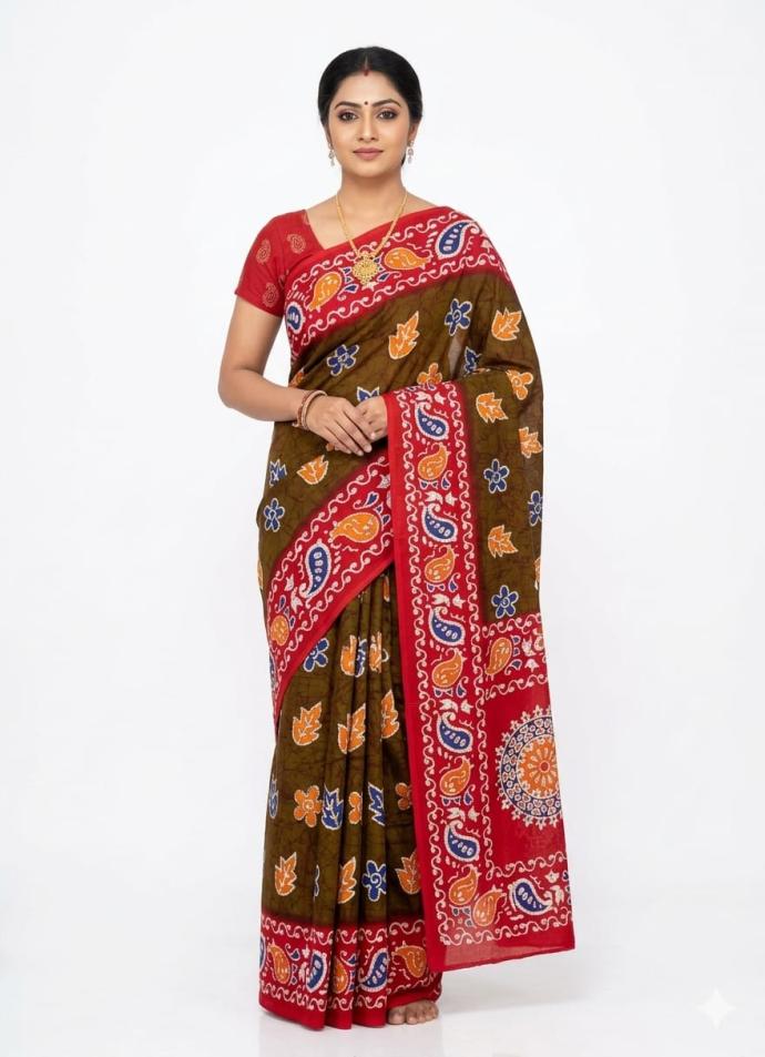 Olive green batik print cotton saree for women