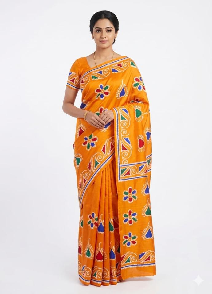 Yellow batik floral print cotton saree for women