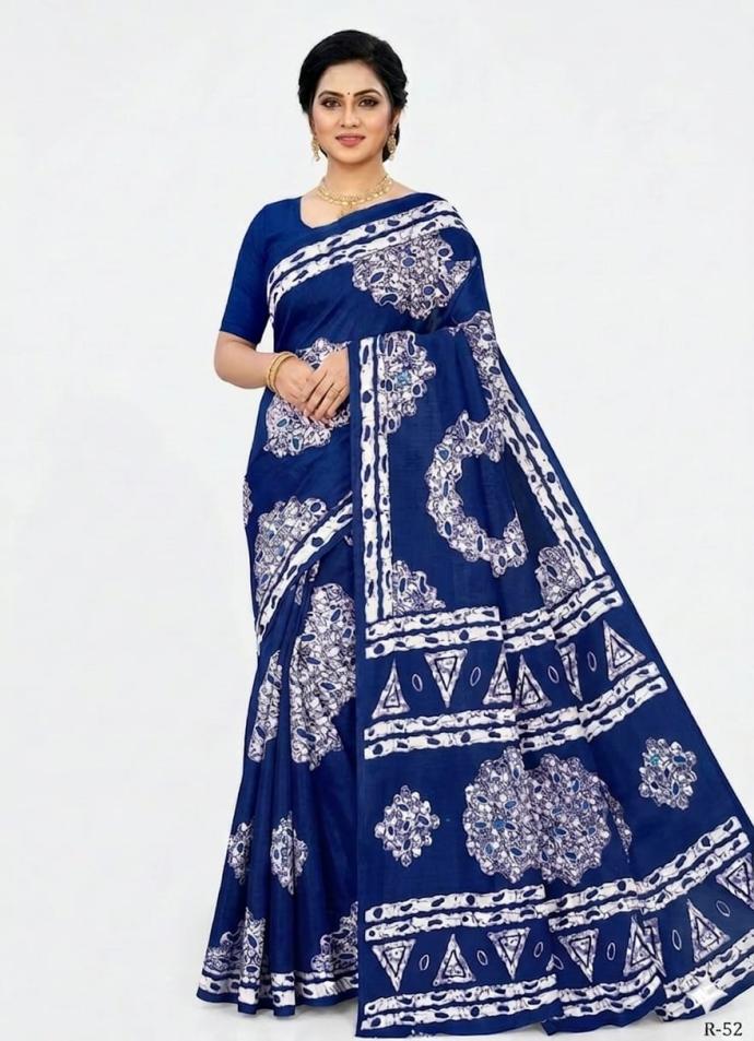 Blue color batik print cotton saree for women
