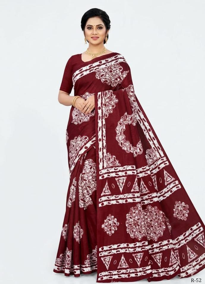 Red color batik print cotton saree for women