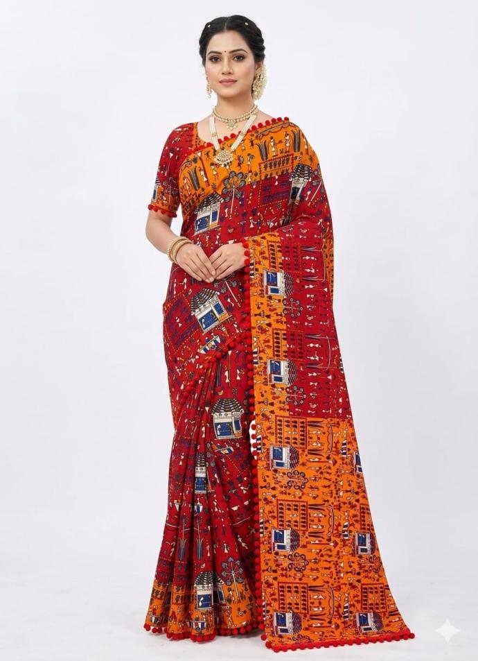 Red and yellow color batik print cotton saree for women