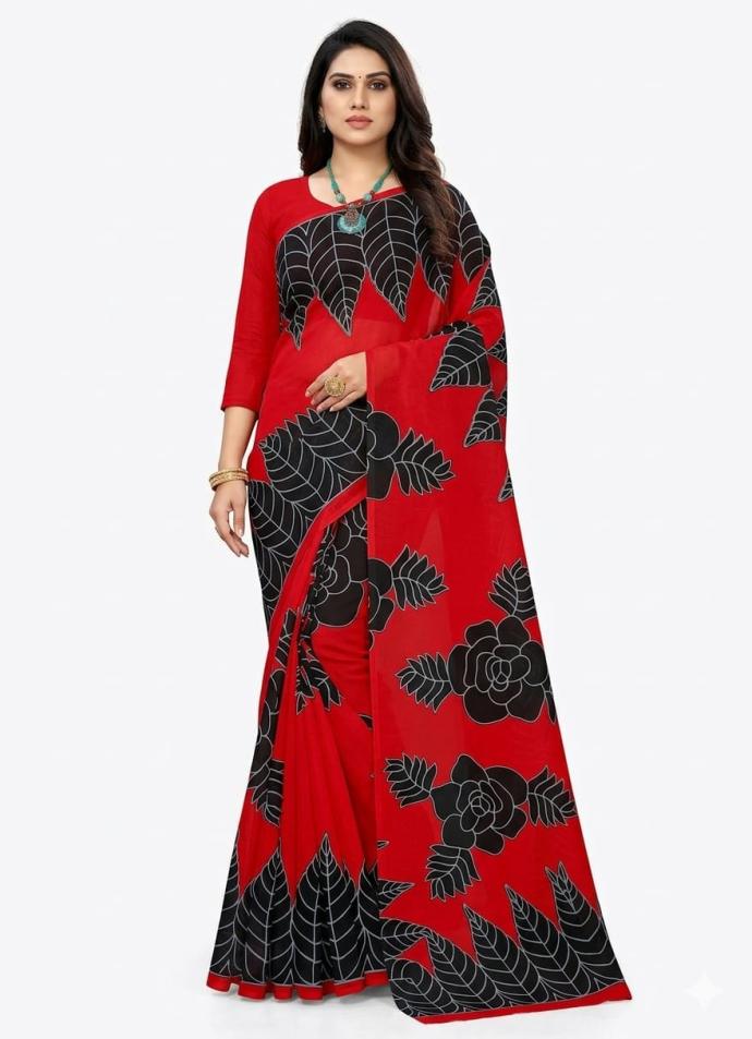 Red color printed cotton saree for women's