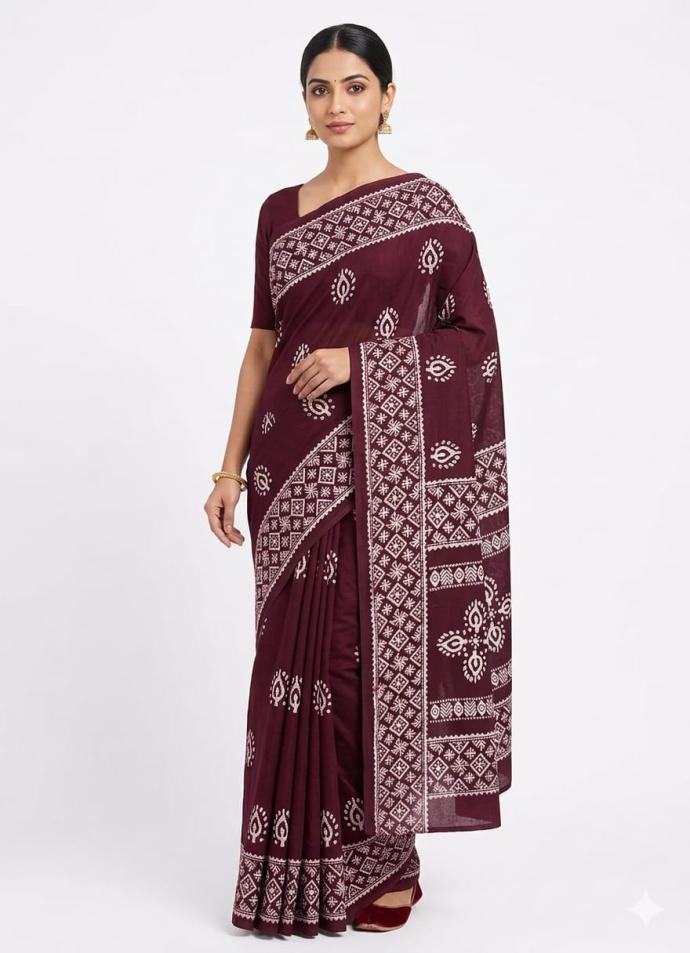 Maroon color printed cotton saree for women's