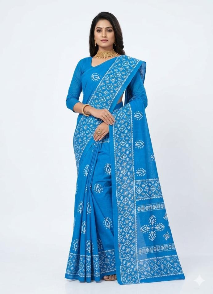 sky blue color printed cotton saree for women's