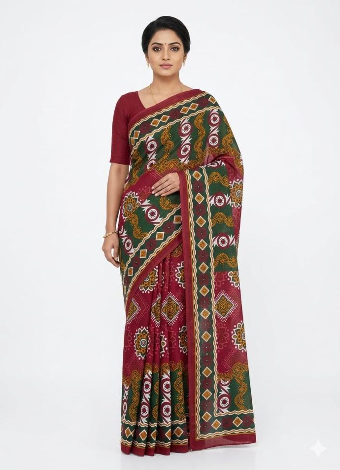 Brown color printed cotton saree for women's