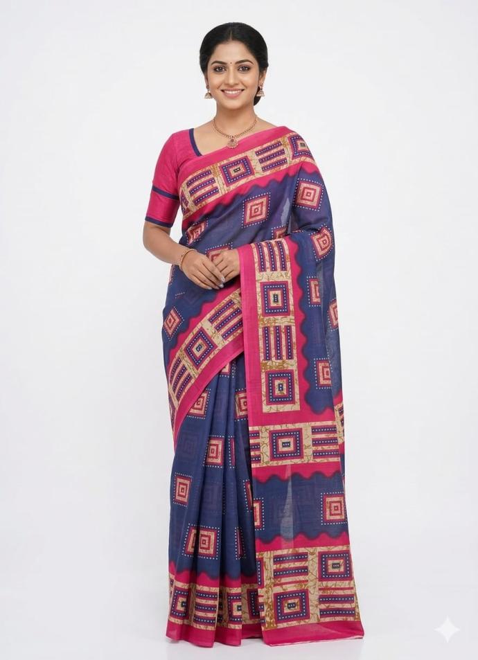 Blue color printed cotton saree for women's