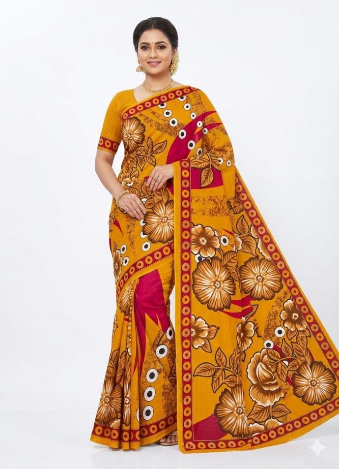 Yellow floral print cotton saree perfect for women