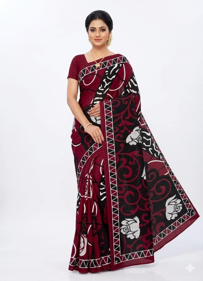 Maroon hand batik print saree for women's