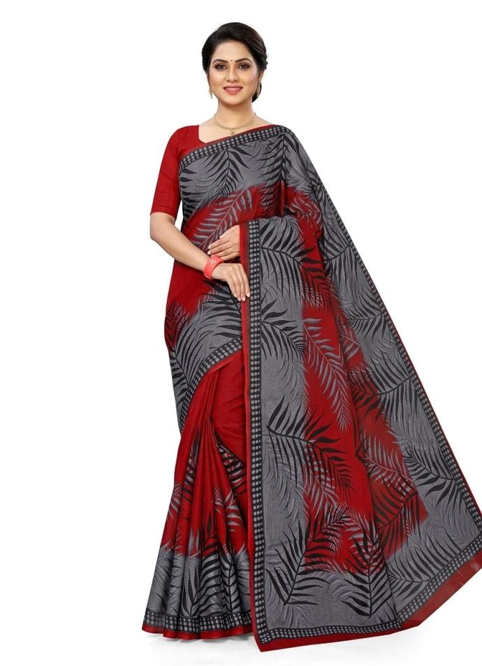 Red color hand batik print cotton saree for women