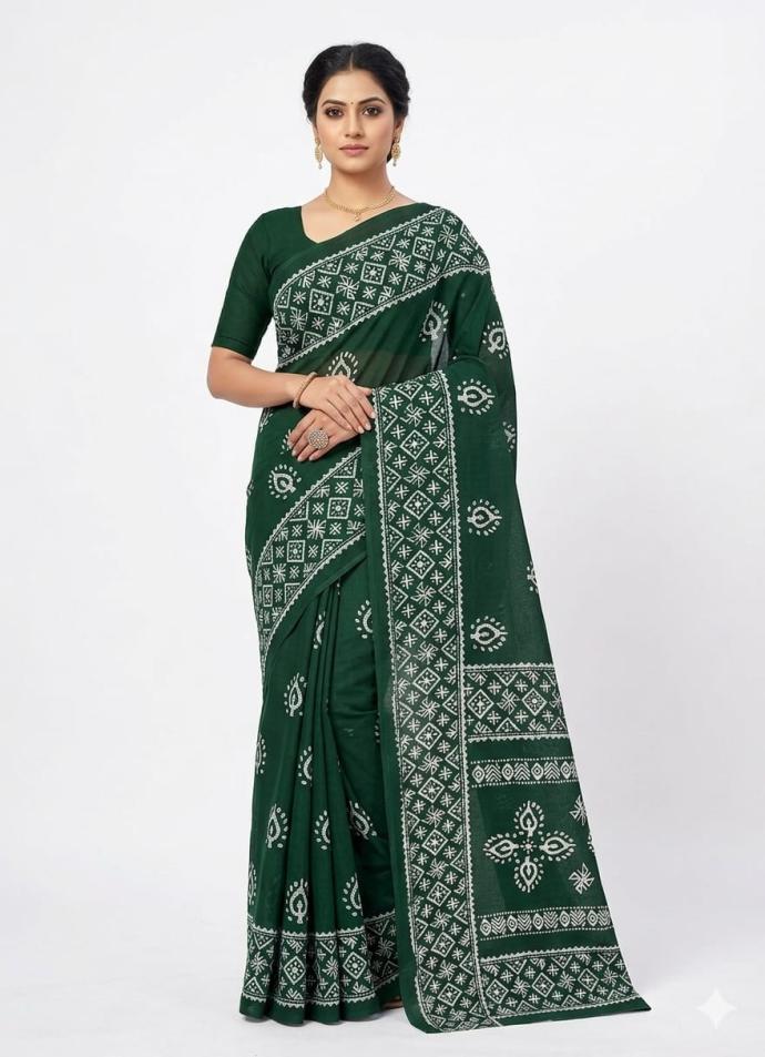 Green color printed cotton saree for women