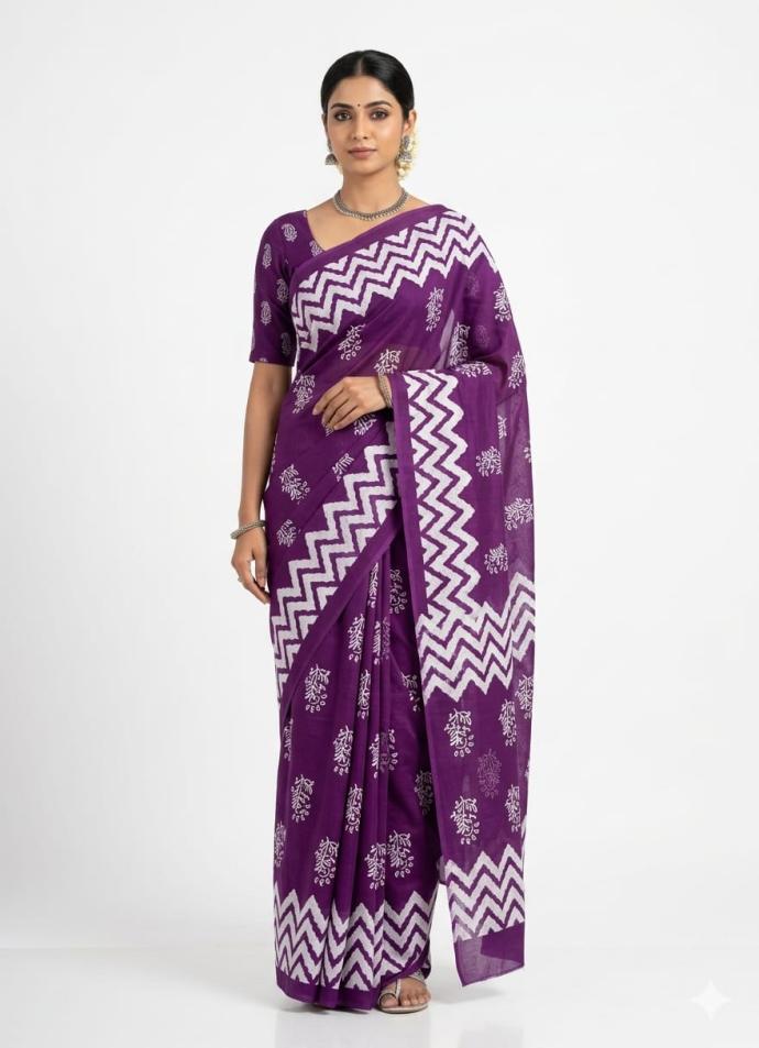 Daily wear purple color printed cotton saree for women