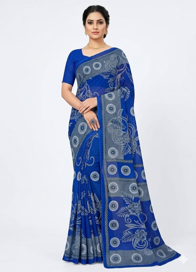 Daily wear blue color printed cotton saree for women
