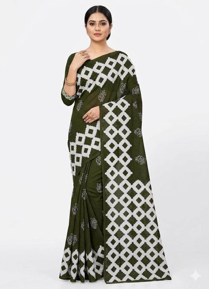 Stylish green color printed cotton saree for women