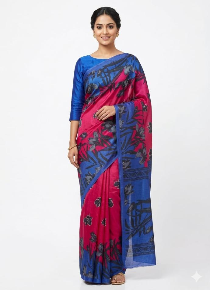 Stylish pink color printed cotton saree for women