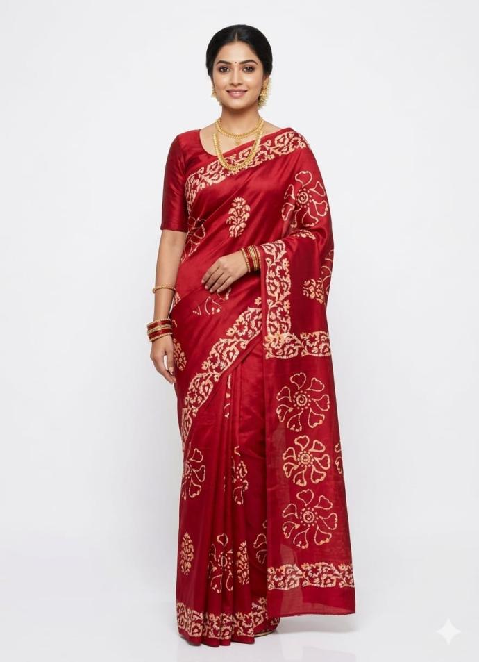 Stylish red color printed cotton saree for women