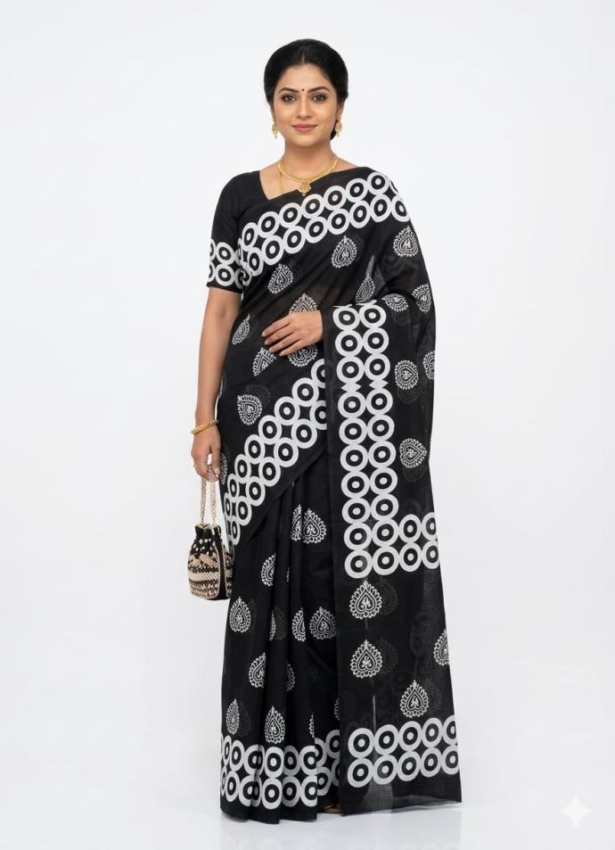 Stylish black color printed cotton saree for women