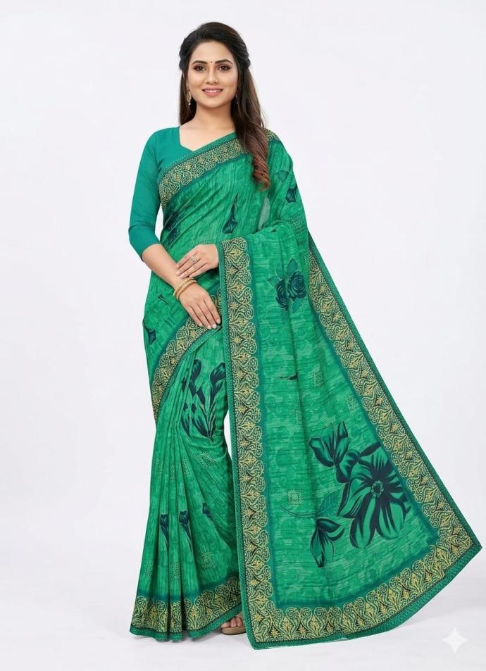 Green color flower print cotton saree