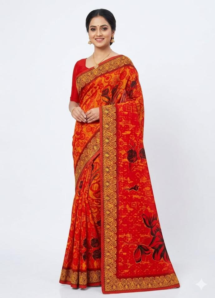 Orange color flower print cotton saree