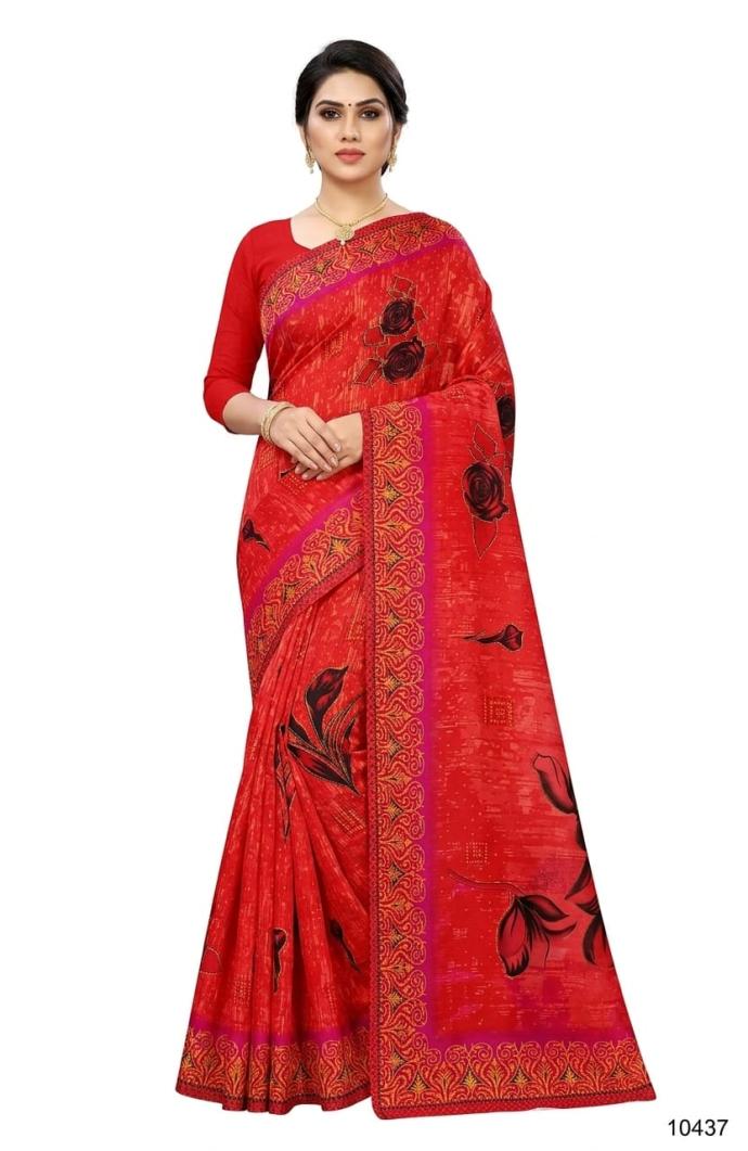 Red color flower print cotton saree