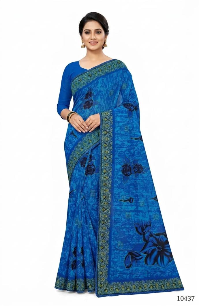 Blue color flower print cotton saree