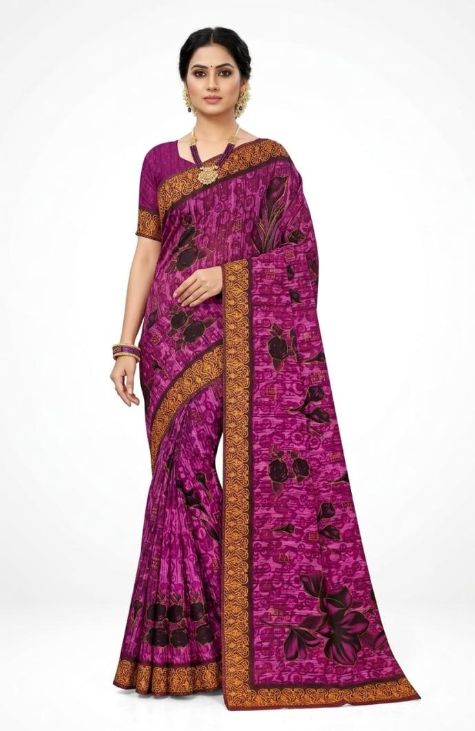 Purple color flower print cotton saree