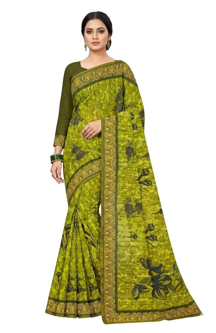Lime green color flower print cotton saree