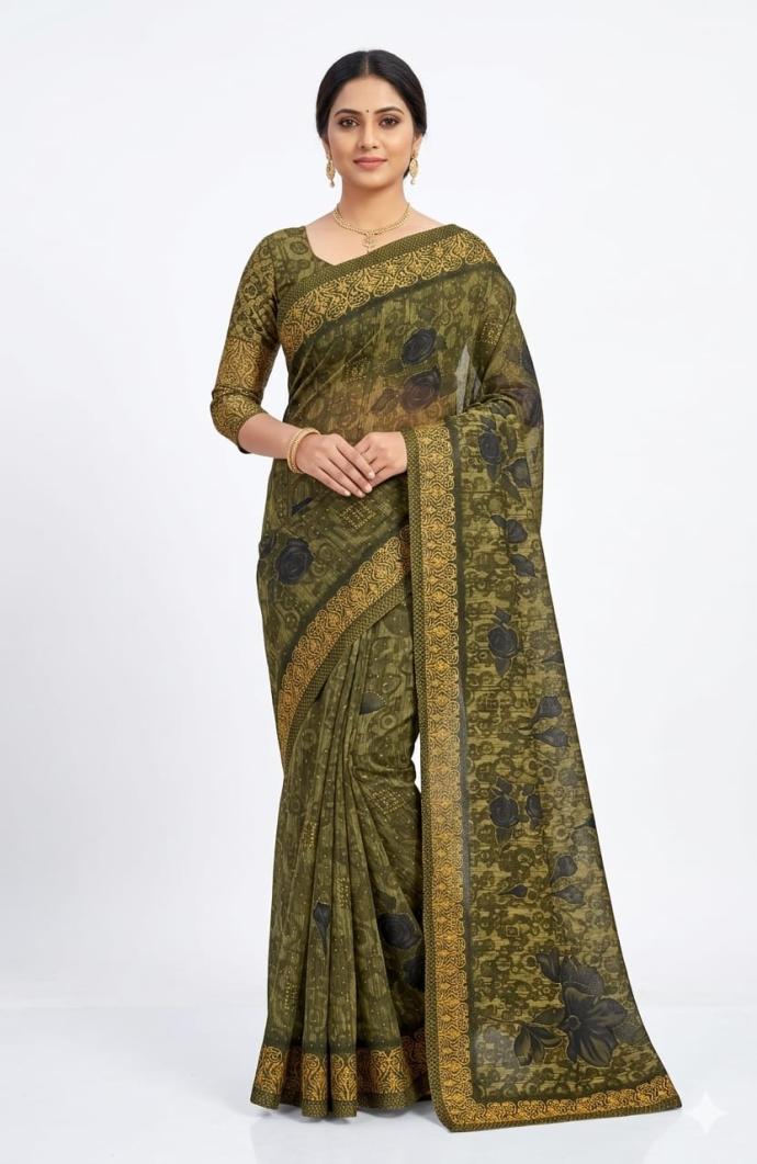 Magenta color flower print cotton saree