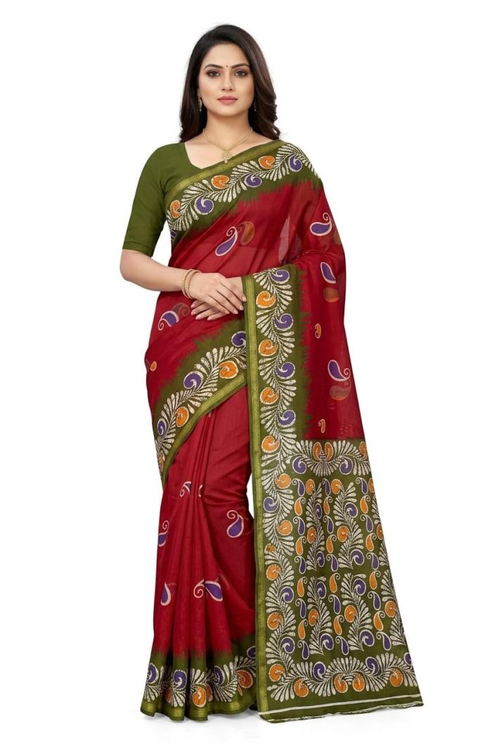 Daily wear stylish red color cotton printed saree