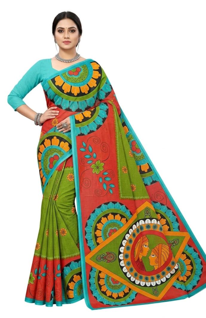 Olive green color batik print designer cotton saree