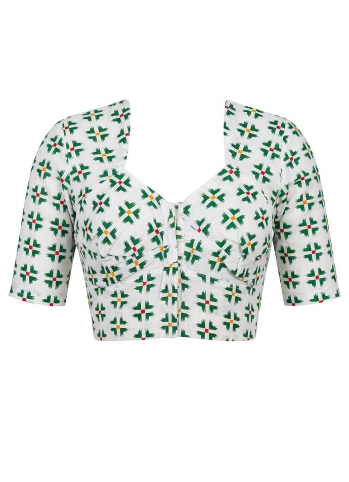 Green color half sleeve printed cotton blouse