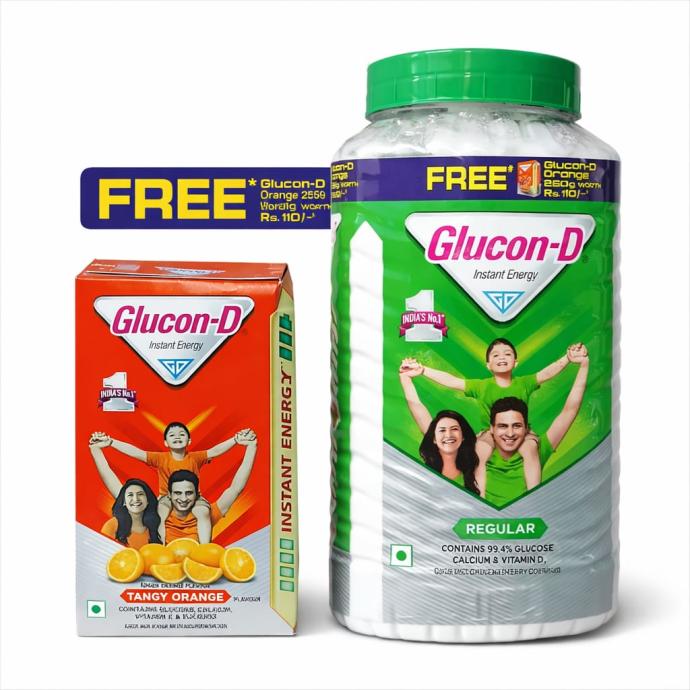 Regular glucose powder jar 1 kg with free 300 gm tangy orange sports drink