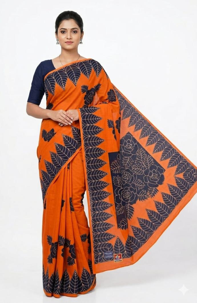Orange color cotton printed saree SJ