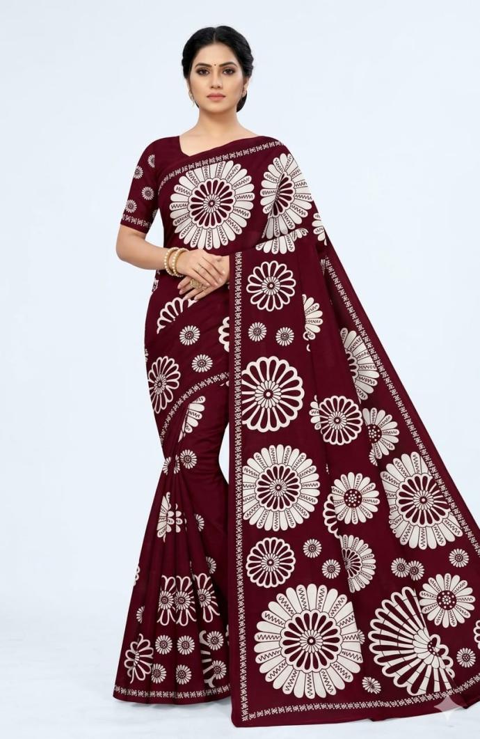 Maroon color floral printed cotton saree SJ
