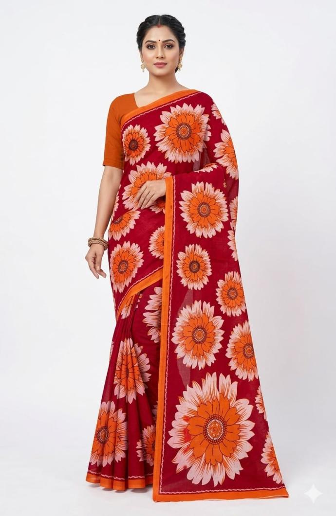 Red color floral printed cotton saree SJ