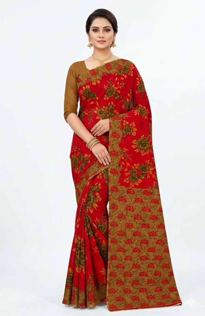 Buy trending red color floral printed cotton saree SJ