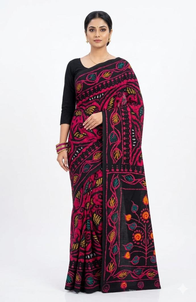 Purple and black color floral printed cotton saree SJ