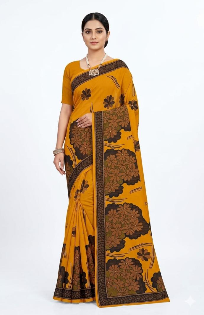 Yellow color floral printed cotton saree SJ
