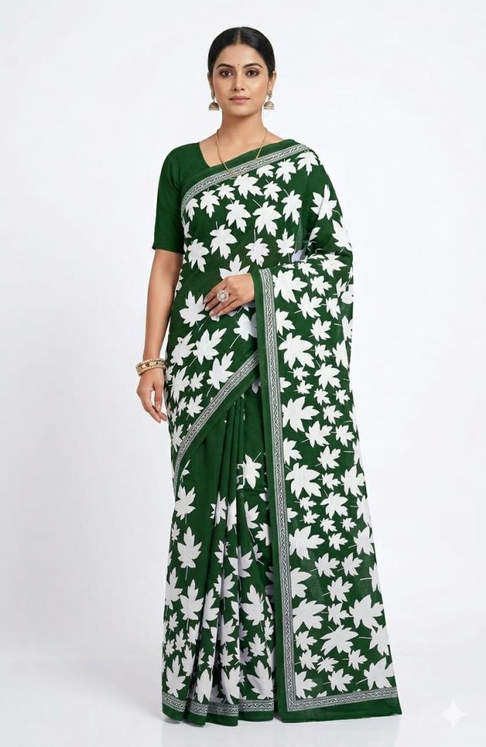 Green color floral printed cotton saree SJ